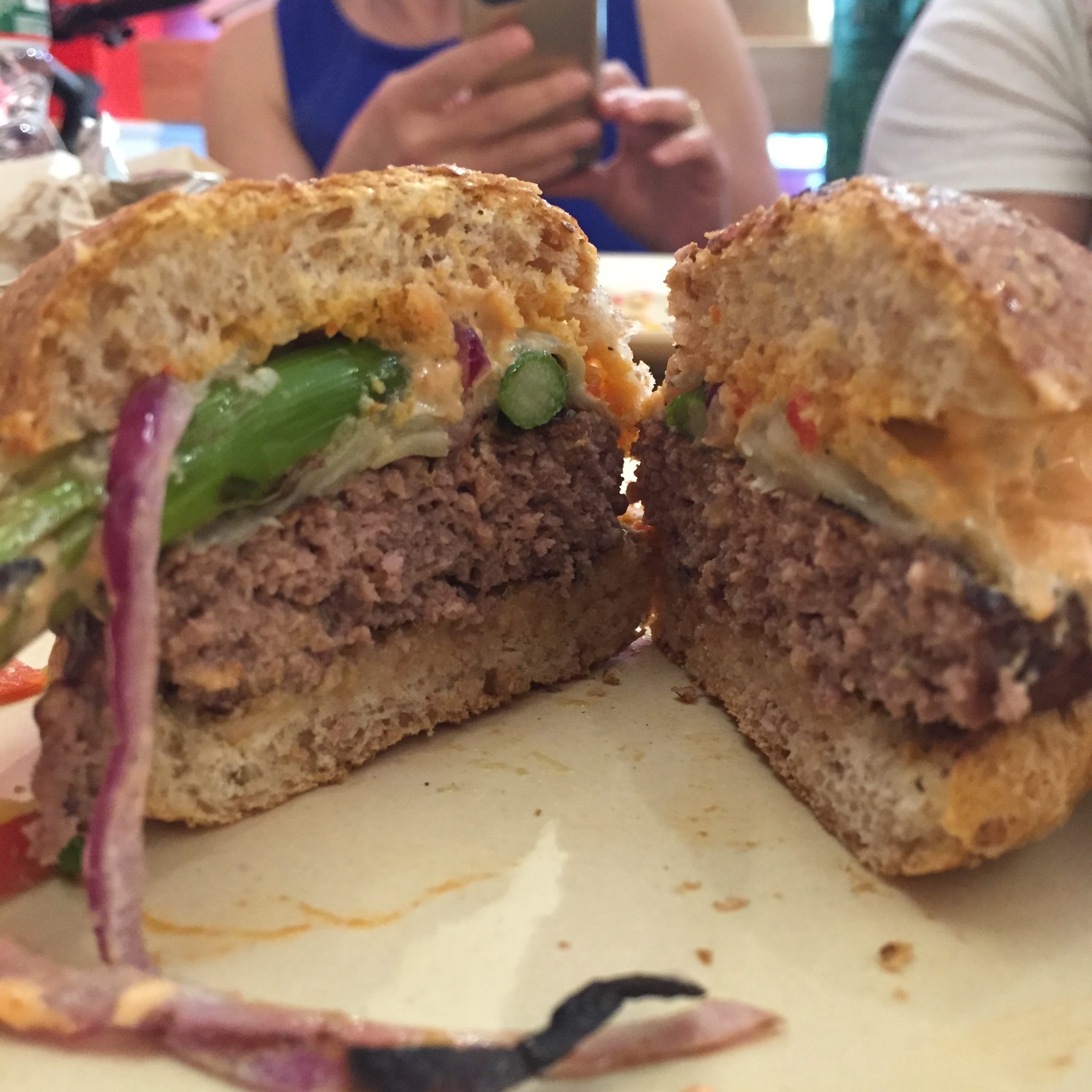 Elizel Burger Slider: seared asparagus, red pepper aioli, sharp cheddar, grilled red onion, toasted breadcrumbs, parm