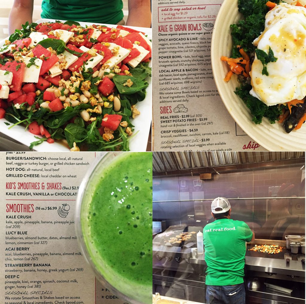 Clockwise: Power Bowl, B.good employee grilling chicken and searing veggies on the flat top, Kale Crush Smoothie, and Watermelon & Feta Salad. 