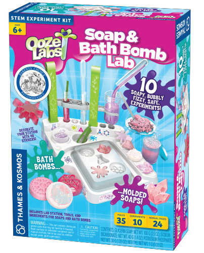 Ooze Labs: Soap and Bath Bomb Lab I know this isn’t slime, but it’s something fun for kids to mix up and create, while learning. With the Ooze Labs: Soap and Bath Bomb Lab, kids can pretend to be a chemist for a bath and body products company and it’s their job to make and test different cosmetic products. As kids mold different glycerin soap shapes, they learn about the chemical properties of soap that help it pick up and wash away dirt. While they are making bath bombs, they learn about how acids and bases combine to form fizzing reactions, and what a pH level is. This is great for kids who want to expand their cosmetics knowledge with an overview of the biology of skincare and other science-related to soap and bath products.  All materials and chemicals are non-toxic.   Cost: $31.41 Where to buy: Amazon.com Age: 6+ 