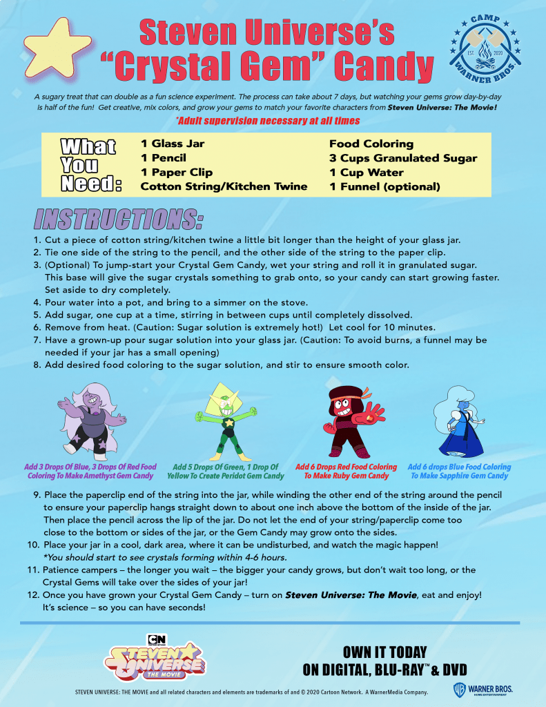 During our Week #2 Camp Warner Bros. camp activity we’ll be growing crystal gems! The best part is, these are sweet treats that can be enjoyed while watching Steven Universe: The Movie or you can save some for later. #CampWarnerbros