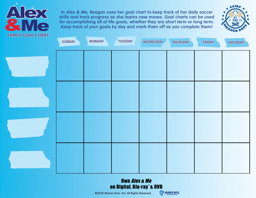 This week's #CampWarnerBros activity is all about helping kids dream big & set goals just like Reagan in Alex & Me. FREE setting chart & family activity.