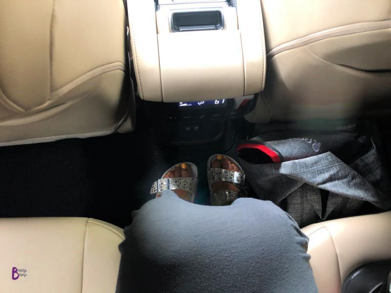 The 2nd row seat legroom in the 2020 Toyota Highlander XLE. Even with the bulky car seat, I had enough space to sit comfortably during the 2-hour drive.