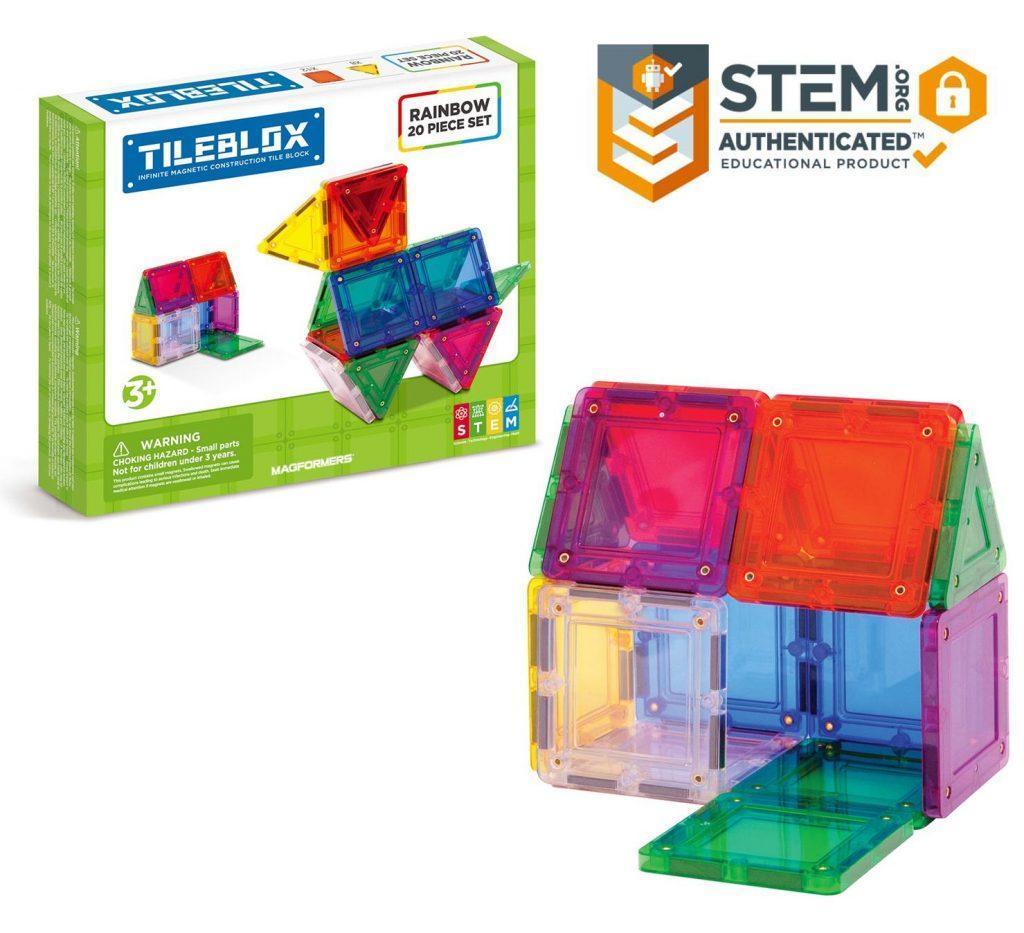 Discover the endless possibilities of the Tileblox 20Pc set. Kids ages 3+ can create a one-of-akind masterpiece with the help of the included step-by-step idea sheet. This beginnger set featuring 8 magnetic triangles and 12 magnetic squares in rainbow colors help children looking to explore and learn through play. TileBlox is perfect for STEM education and when playtime is over, use the magnetic power to simply stack and store. 