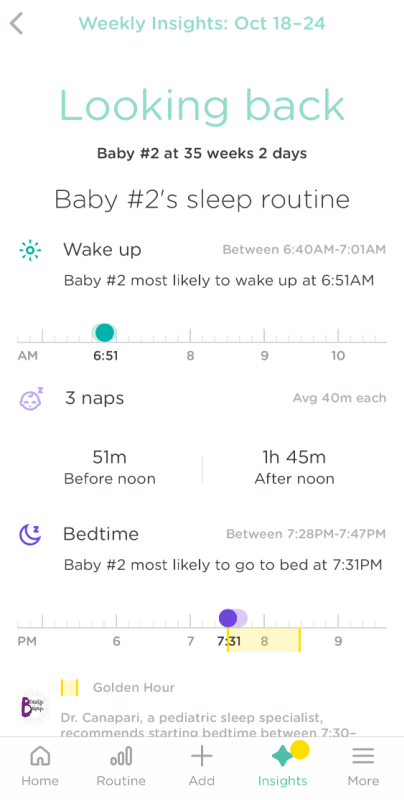 Baby Monitor Review: Weekly Insights provided through the Lumi app, I’ve learned that the time I began her nightly routine is aligned with what Dr. Canapari, a pediatric sleep specialist, recommends starting bedtime for babies her age. Yes, I am doing something right! 