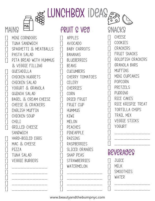 Kids Lunch ideas weekly school lunch planner food checklist printable