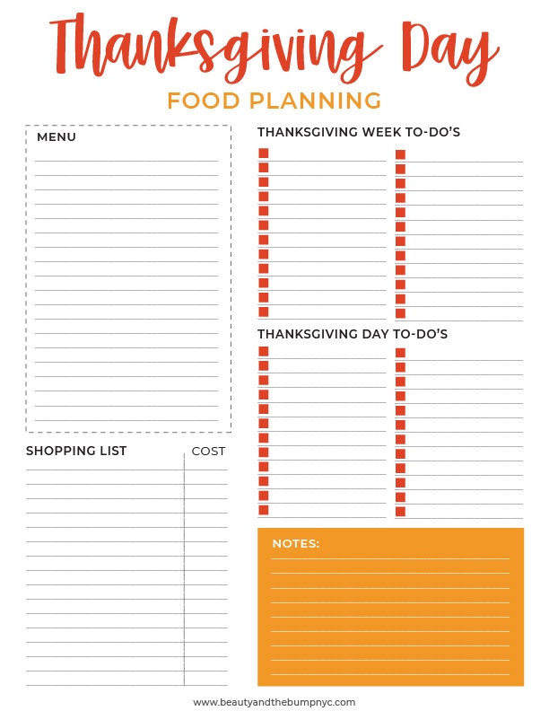 Printable sheet for planning food for Thanksgiving Dinner
