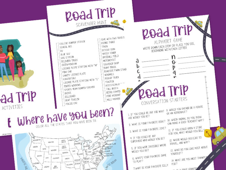 Road Trip Games printable with four activities