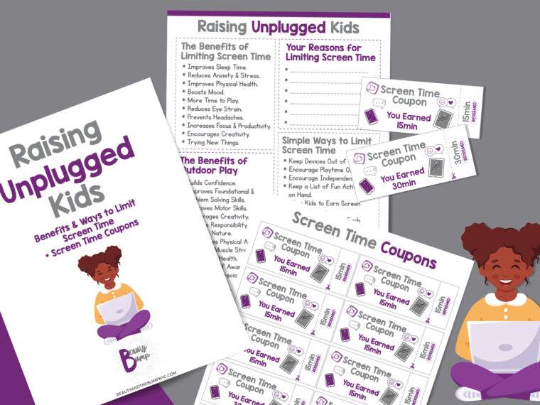 Printable packet of guides to help limit screen time and raise unplugged kids.