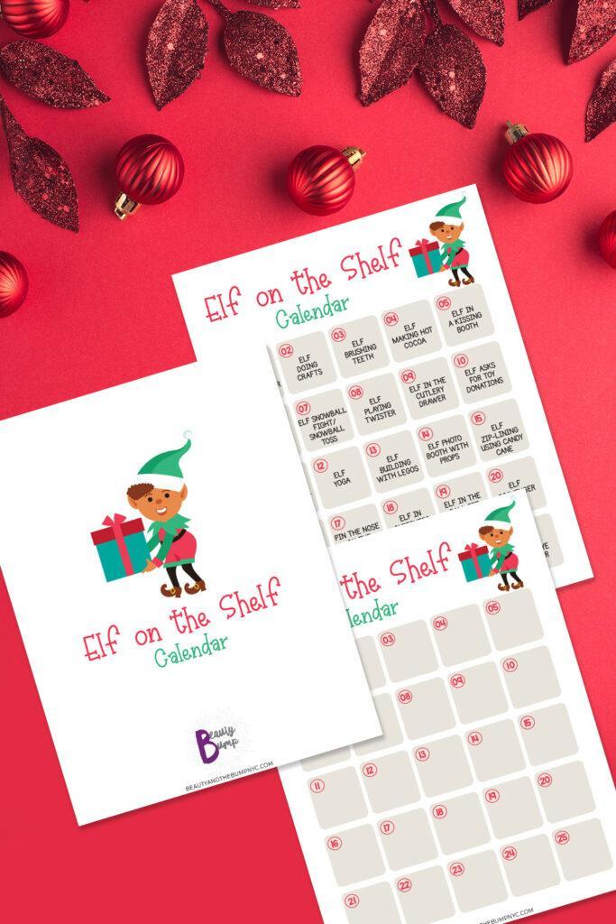 Pin this image to save Elf on the shelf ideas and print a free calendar.