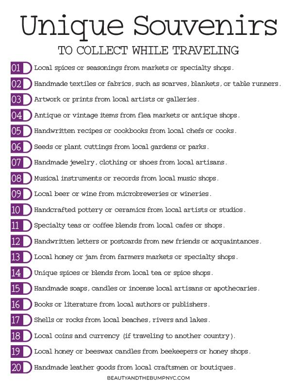 I'm sharing our top 20 unique souvenirs to collect while traveling. These items are not only beautiful and functional, but they also make great conversation starters and bring back fond memories of our trips. Plus, here's a complimentary printable for you to print and take along with you on your next adventure. 