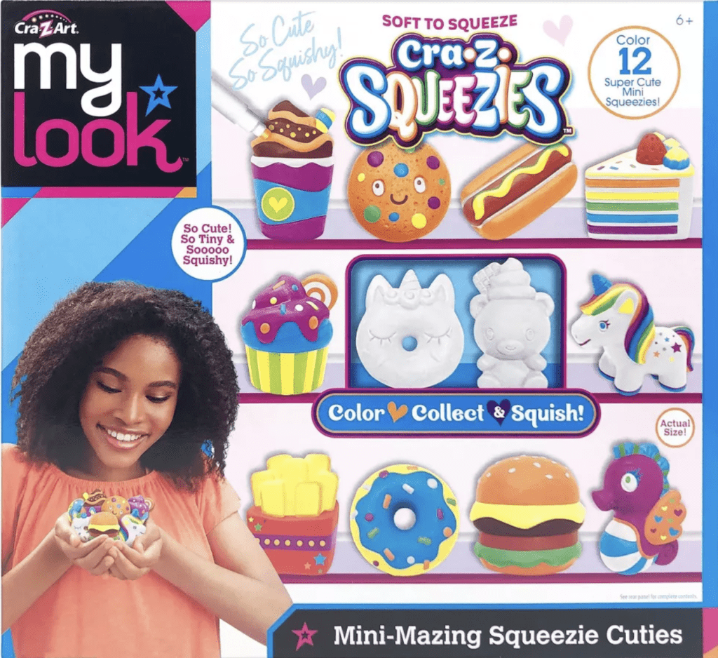 Indulge in the cuteness overload with My Look Mini-Mazing Squeezie Cuties! This kit allows your daughter to color and create 12 mini squeezies in various adorable designs, from unicorns to donuts. With endless possibilities for customization, she can showcase her artistic flair and proudly display her creations.