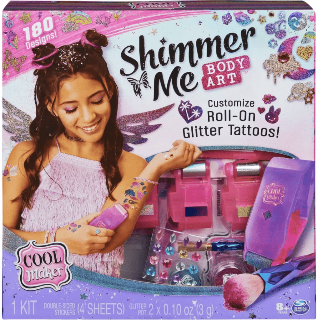 Unleash her inner fashionista with Cool Maker Shimmer Me Body Art! This all-in-one temporary tattoo set offers endless opportunities for glamorous self-expression. From metallic foil designs to sparkling glitter tattoos, she can mix and match to create her own unique body art. Let her shine and shimmer with this dazzling kit.