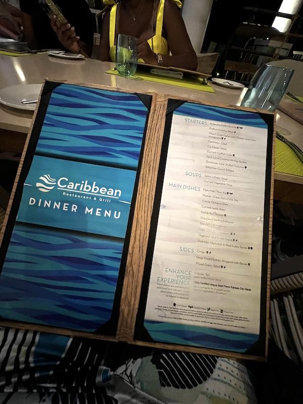 The menu at the Caribbean restaurant on the hotel property. Royalton Antigua Review 