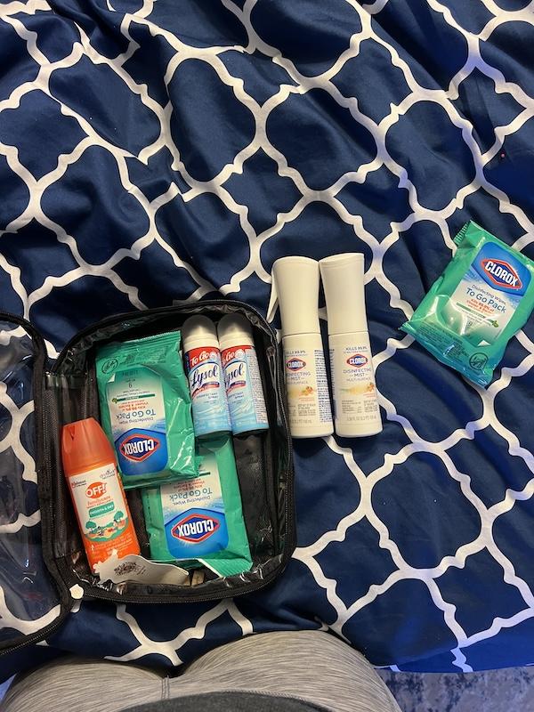 When it comes to staying clean while traveling, I take extra precautions. I always pack disinfecting wipes and spray to sanitize high-touch surfaces on airplanes, in hotel rooms, and everywhere else.