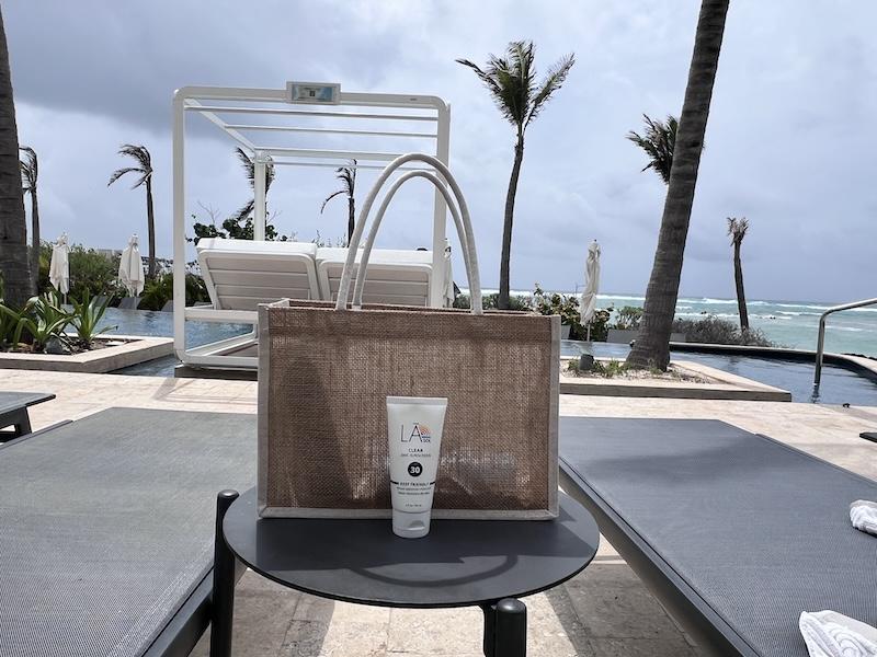 My go-to is the LA SOL Clear Zinc Sunscreen. It’s clear, doesn’t cause breakouts, and comes in convenient travel sizes.